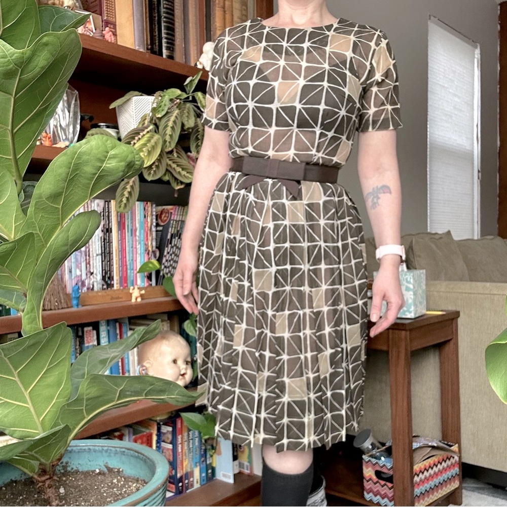 Vintage chocolate brown sheer geometric print dress